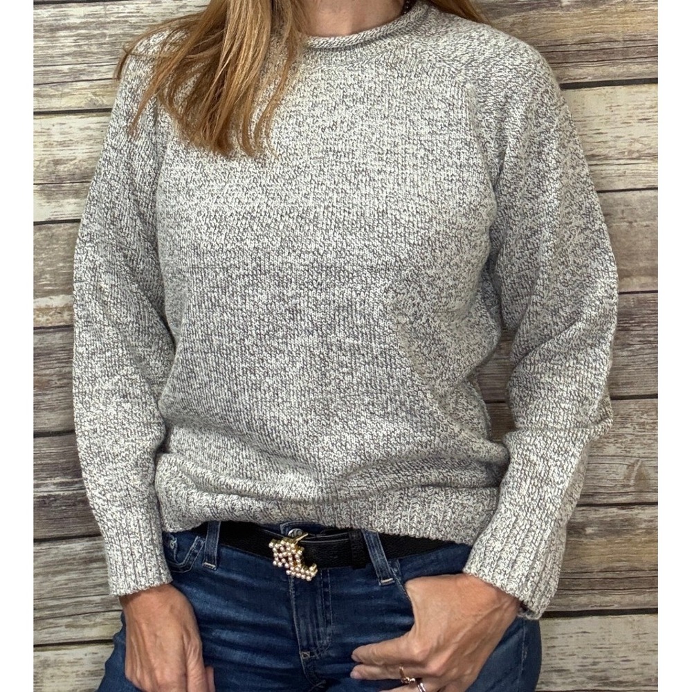 Vintage 90s Sweater Grey White Marled Knit Crew Neck M Gorpcore Fisherman
